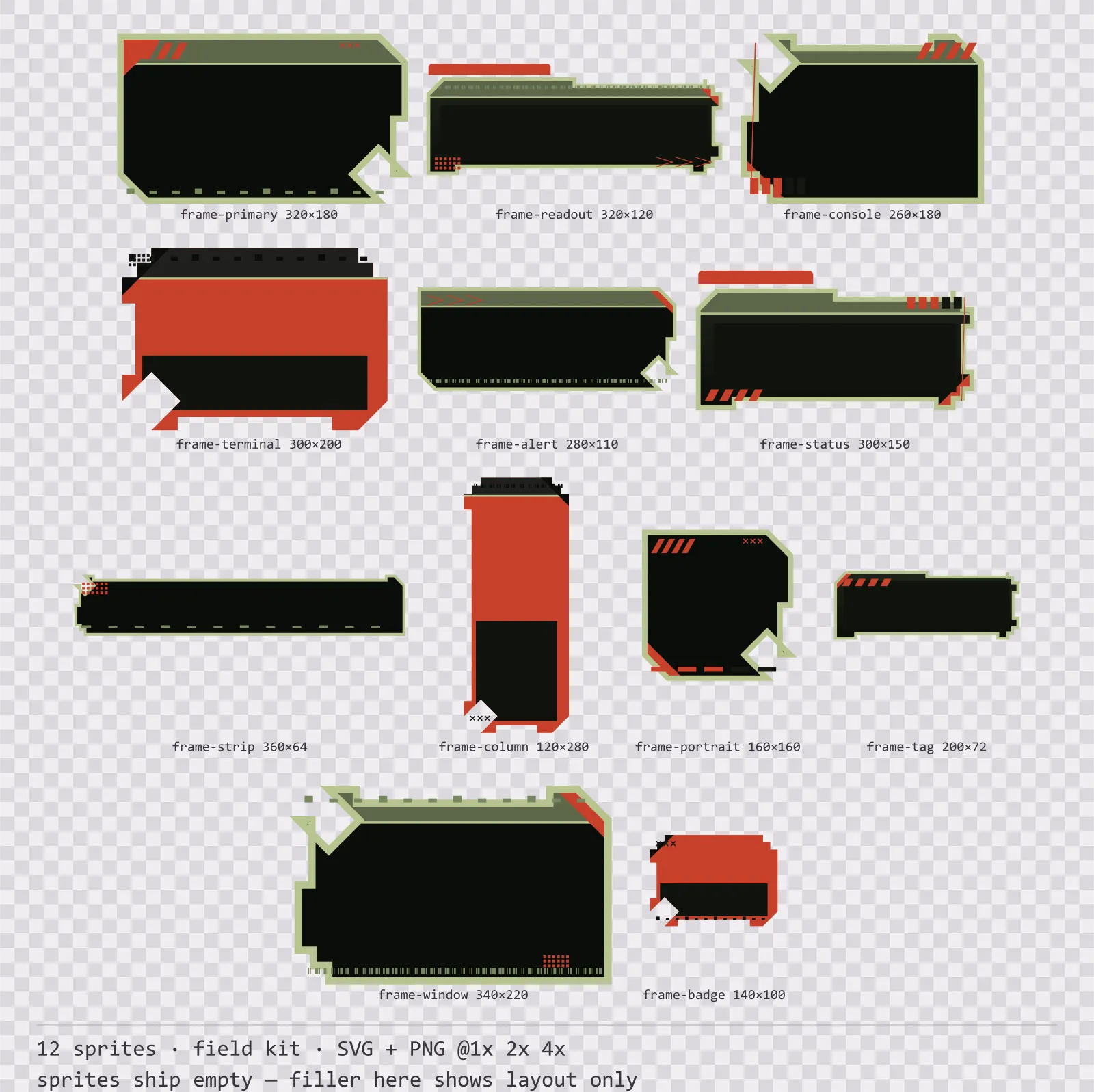 Sheet showing 12 field kit HUD frames from the Bunker family, arranged on a transparency checkerboard with their pixel sizes printed underneath