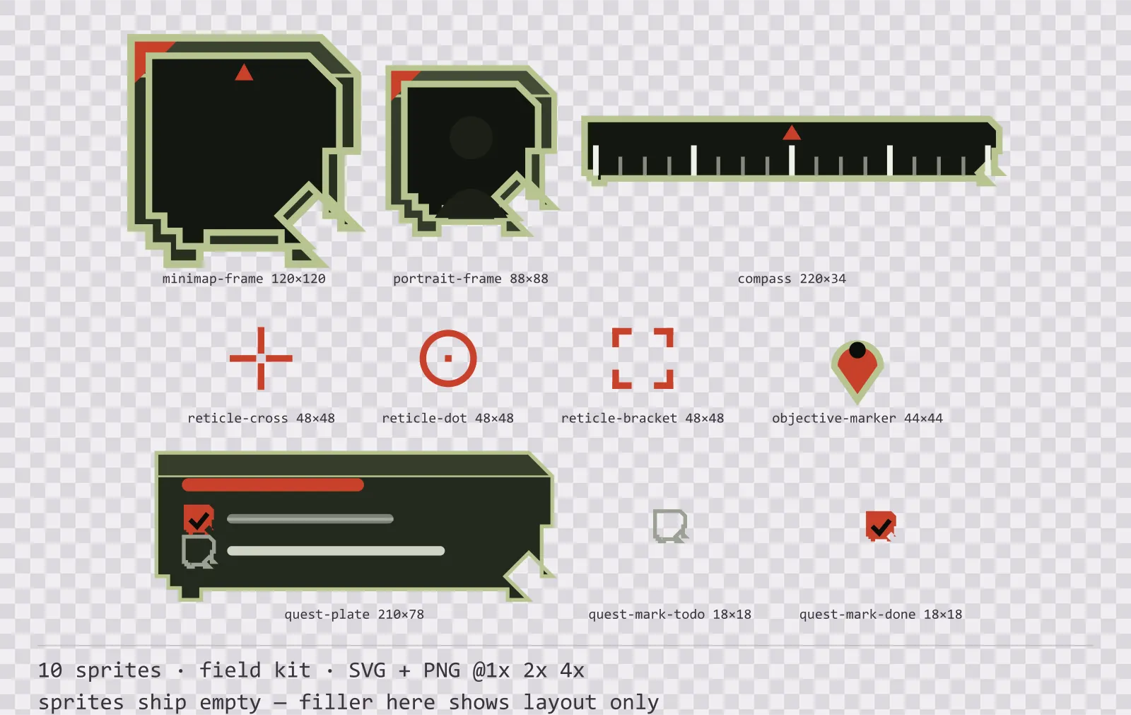 Sheet showing 10 field kit heads-up display frames from the Bunker family, arranged on a transparency checkerboard with their pixel sizes printed underneath