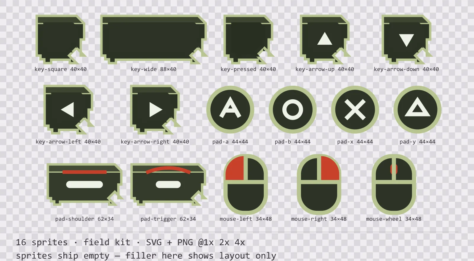 Sheet showing 16 field kit input prompt sprites from the Bunker family, arranged on a transparency checkerboard with their pixel sizes printed underneath