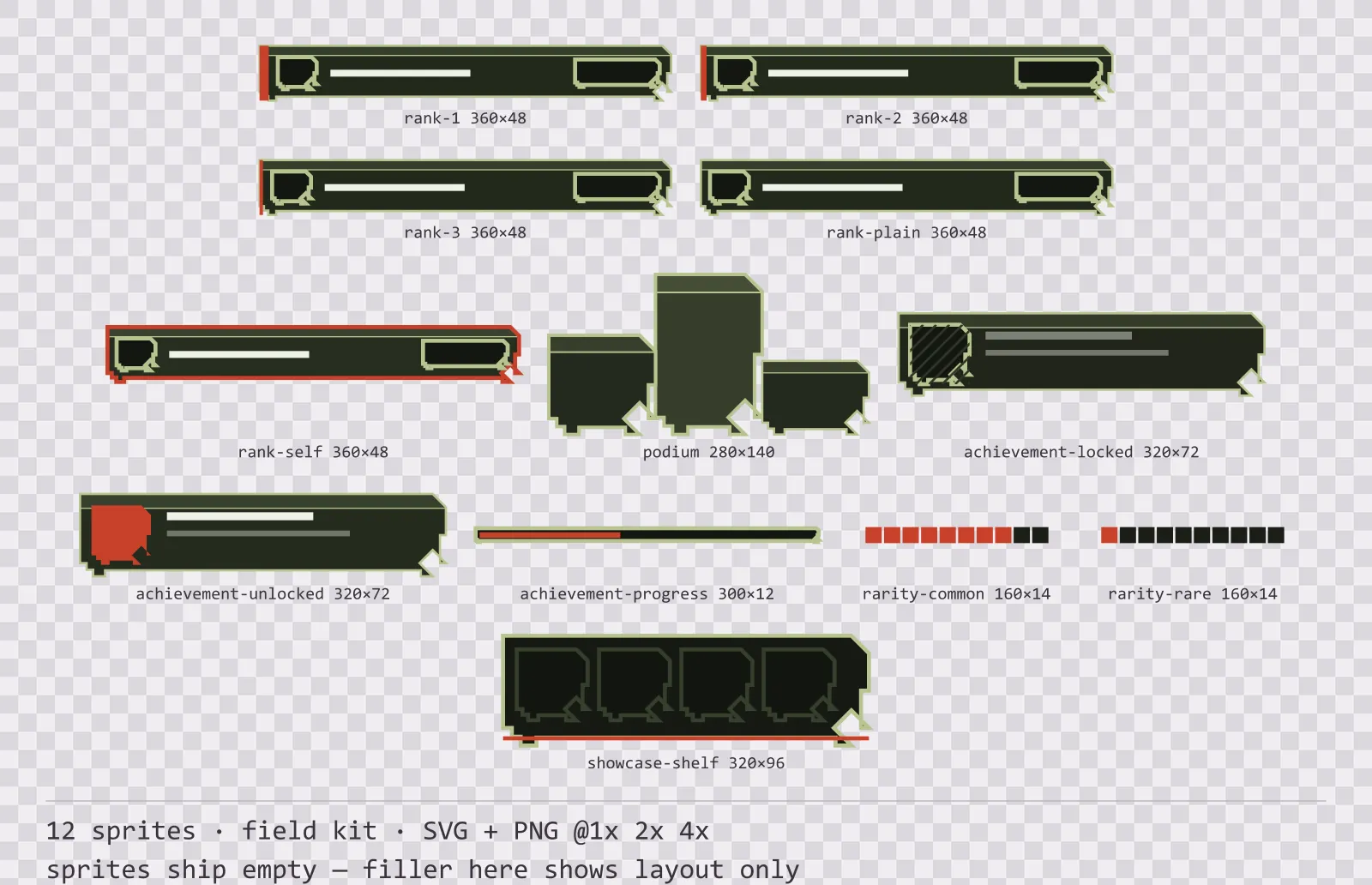 Sheet showing 12 field kit leaderboard and achievement widgets from the Bunker family, arranged on a transparency checkerboard with their pixel sizes printed underneath