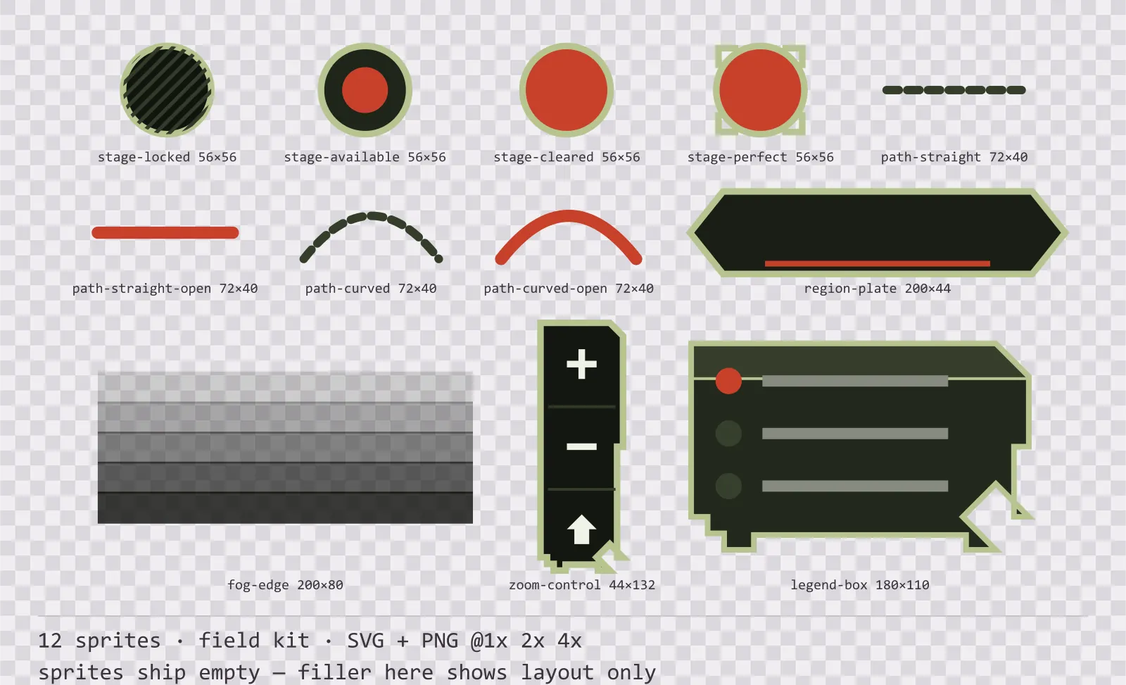 Sheet showing 12 field kit level select and world map pieces from the Bunker family, arranged on a transparency checkerboard with their pixel sizes printed underneath