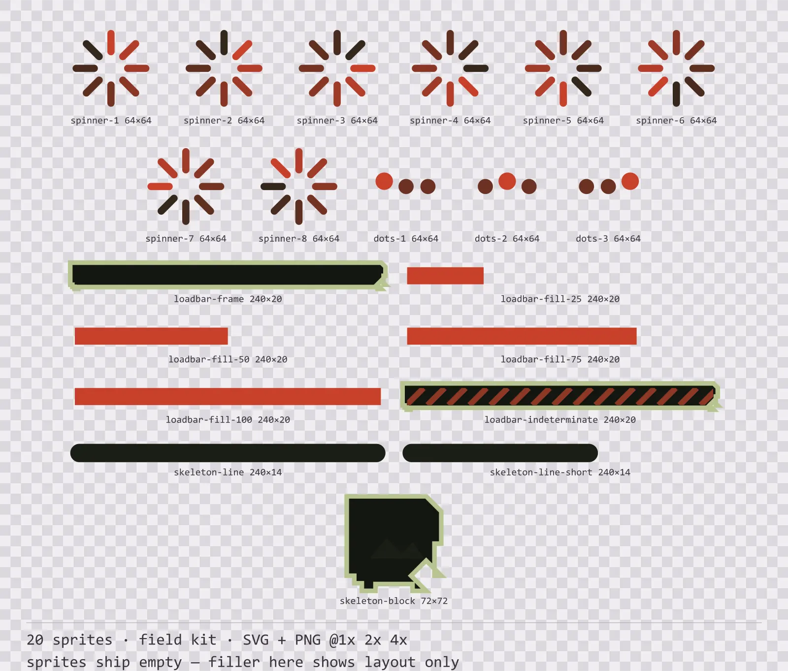 Sheet showing 20 field kit loading and waiting indicators from the Bunker family, arranged on a transparency checkerboard with their pixel sizes printed underneath