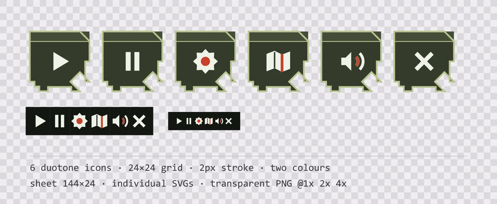 Six two-tone game menu icons on olive field tiles, shown large, laid out on a sheet grid, and again at actual 24 pixel size
