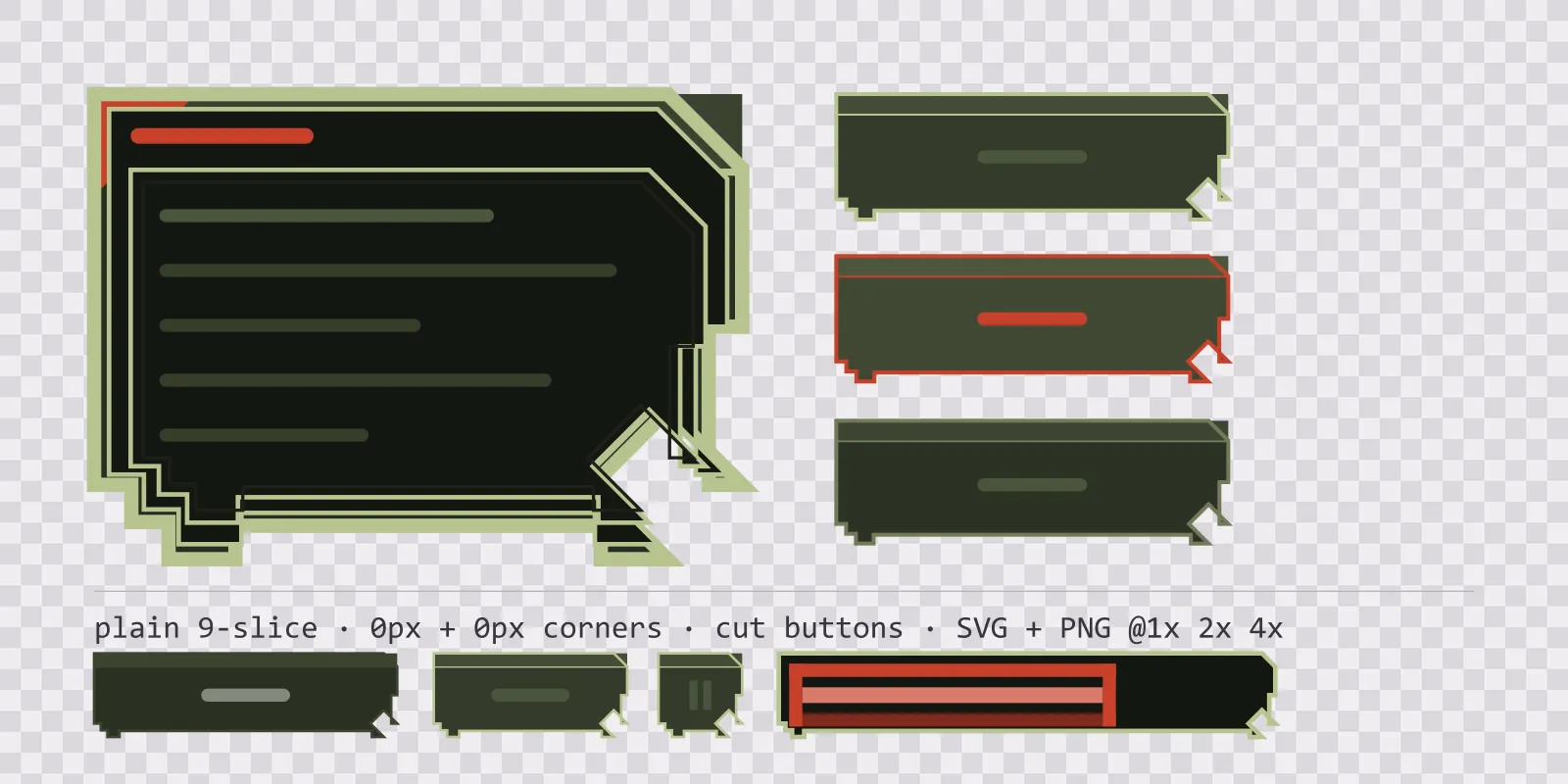 olive field game menu panel with a signal red title strip and a recessed list area, next to a column showing the same chamfered button in default, outlined hover and pushed-in pressed states