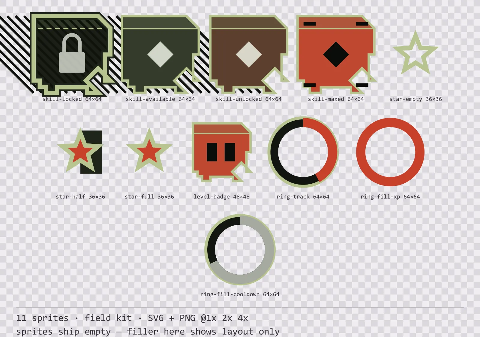 Sheet showing 11 field kit progression and reward components from the Bunker family, arranged on a transparency checkerboard with their pixel sizes printed underneath