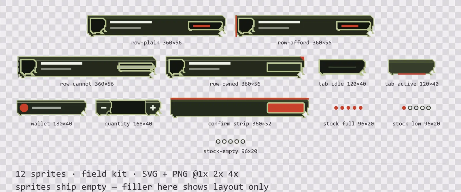 Sheet showing 12 field kit shop and economy widgets from the Bunker family, arranged on a transparency checkerboard with their pixel sizes printed underneath