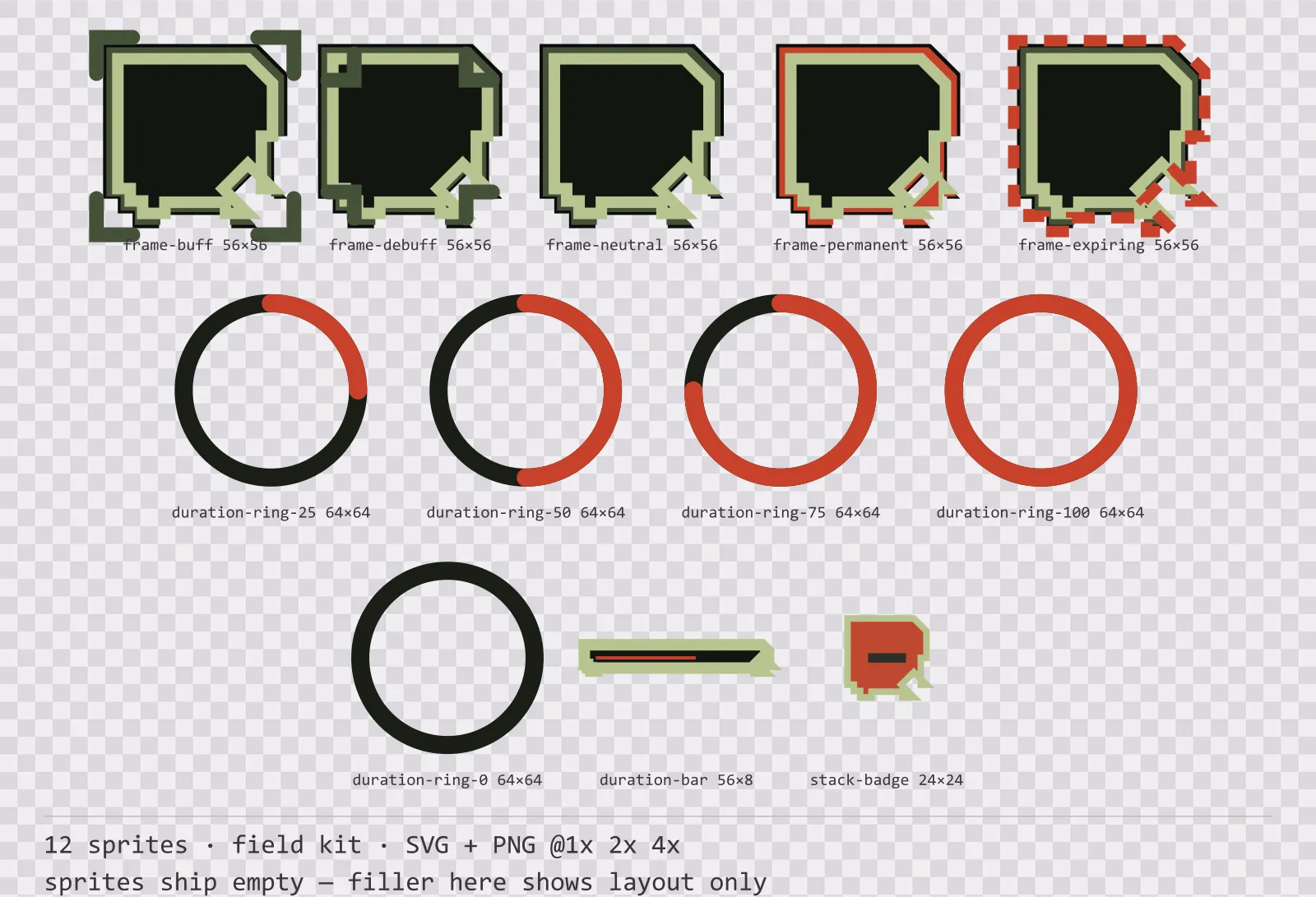 Sheet showing 12 field kit status effect frames and duration indicators from the Bunker family, arranged on a transparency checkerboard with their pixel sizes printed underneath