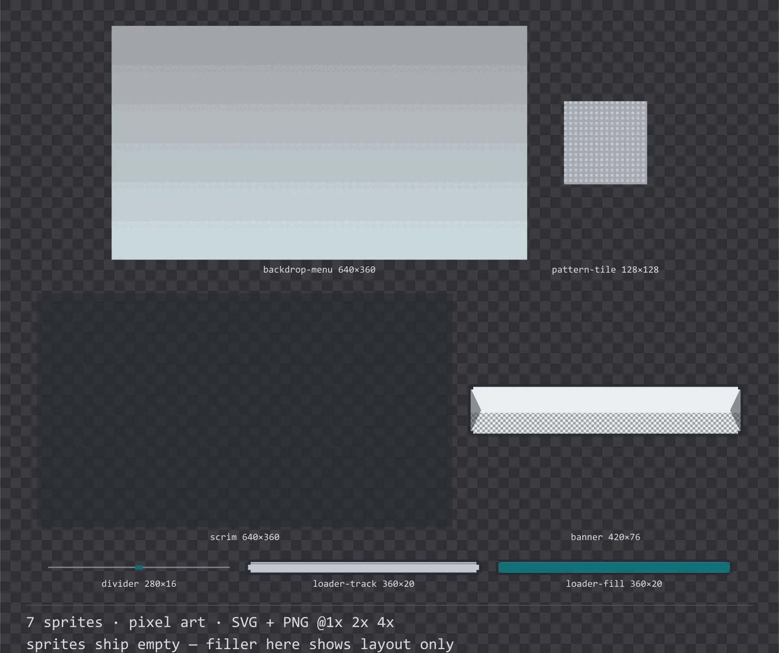 Sheet showing 7 pixel art background and overlay pieces from the Byte family, arranged on a transparency checkerboard with their pixel sizes printed underneath