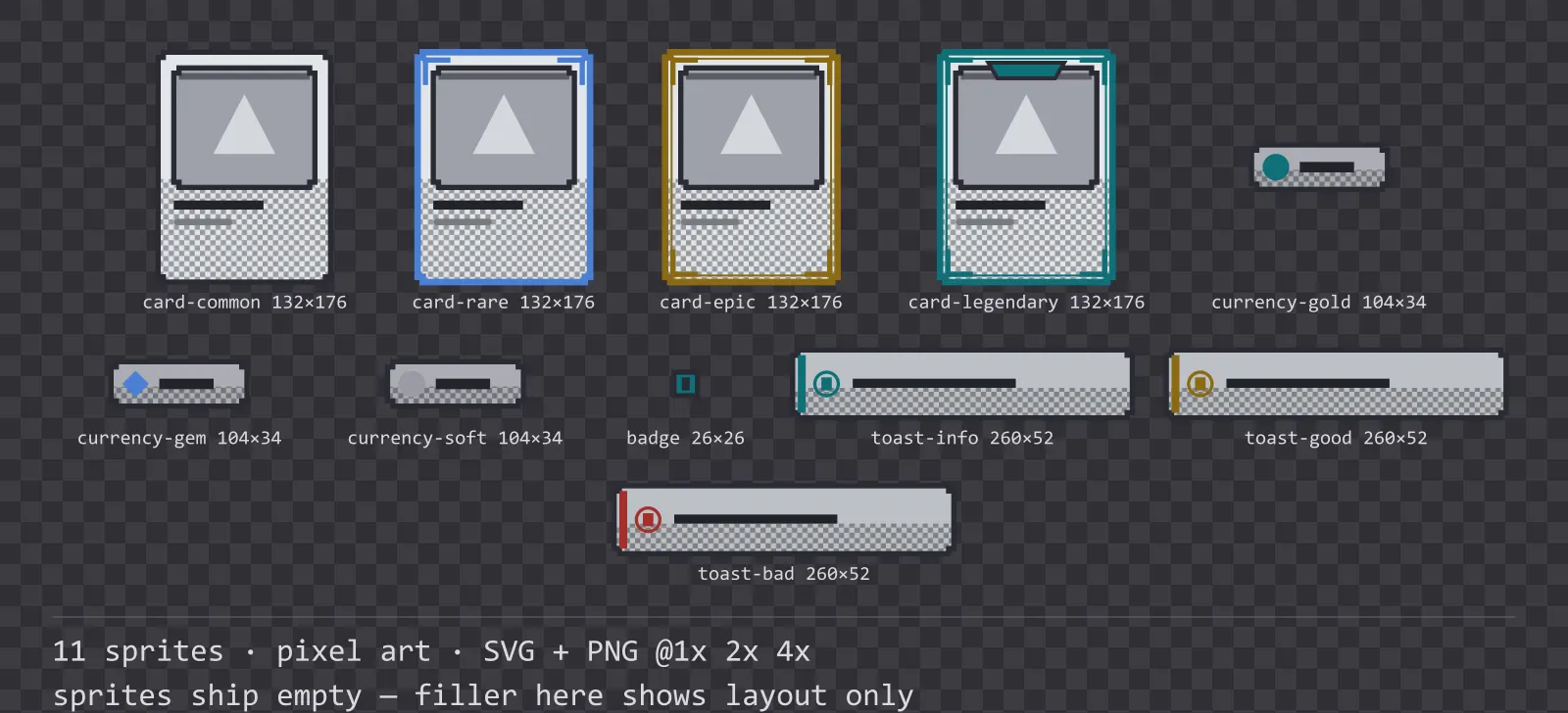 Sheet showing 11 pixel art card, currency and notification components from the Byte family, arranged on a transparency checkerboard with their pixel sizes printed underneath