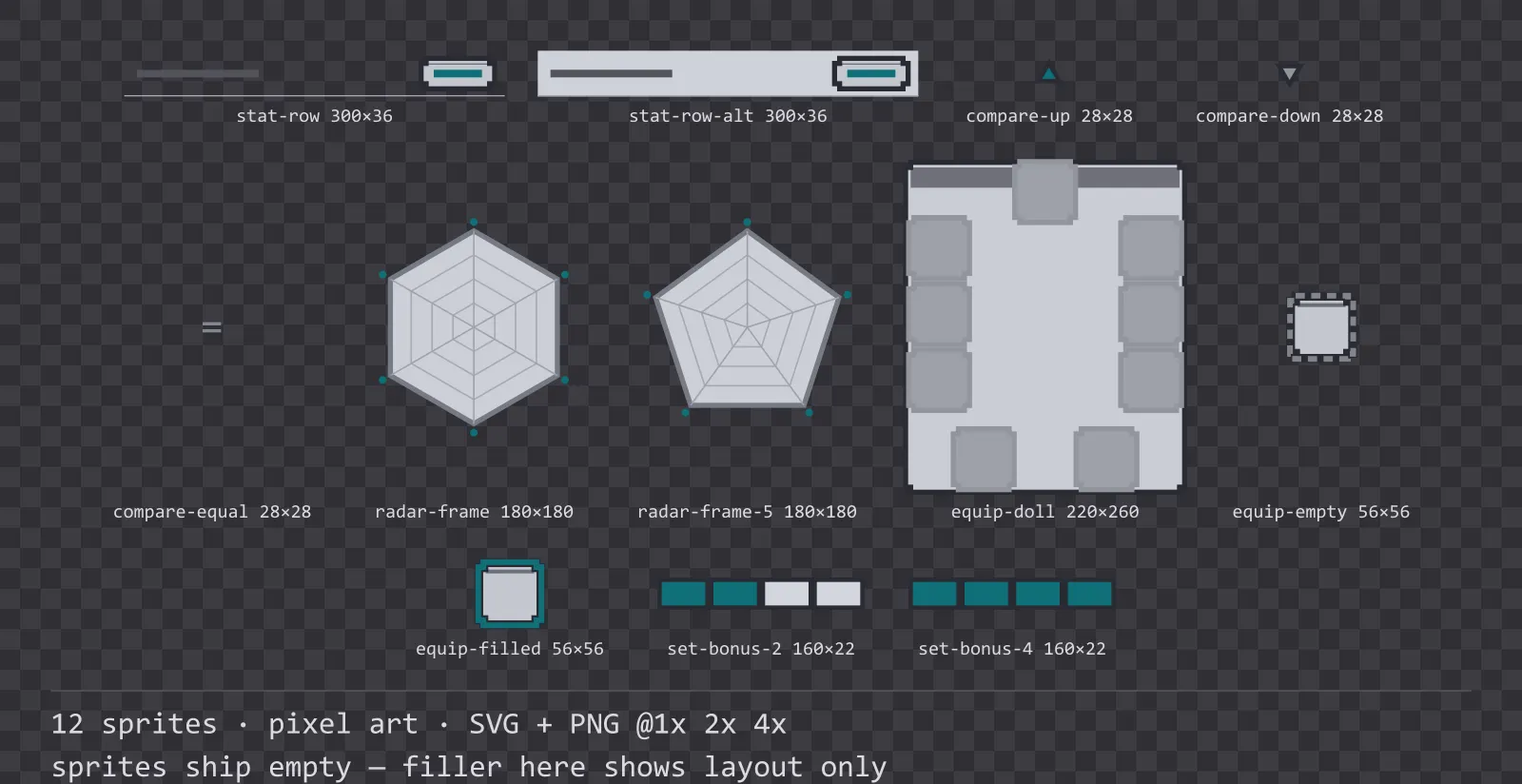 Hoja con 12 elementos de ficha y estadísticas (pixel art) de la familia Byte, dispuestos sobre un damero de transparencia y con sus medidas en píxeles escritas debajo