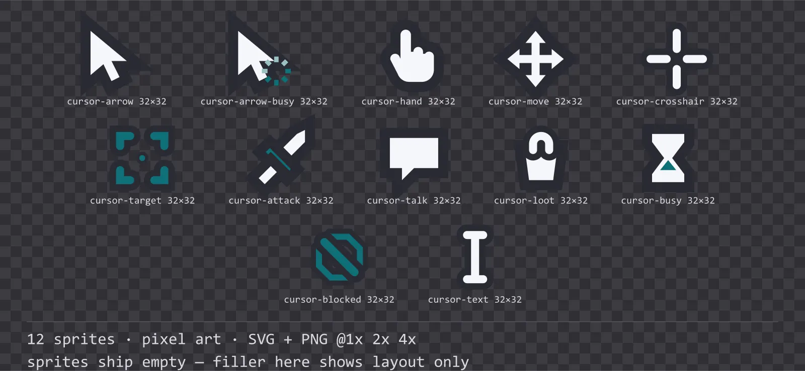 Sheet showing 12 pixel art mouse cursors from the Byte family, arranged on a transparency checkerboard with their pixel sizes printed underneath