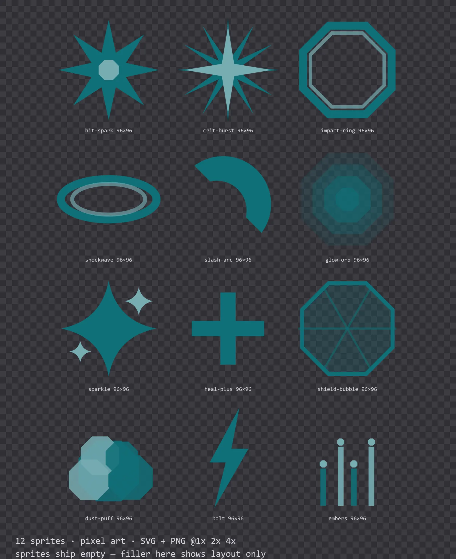 Sheet showing 12 pixel art impact and effect sprites from the Byte family, arranged on a transparency checkerboard with their pixel sizes printed underneath