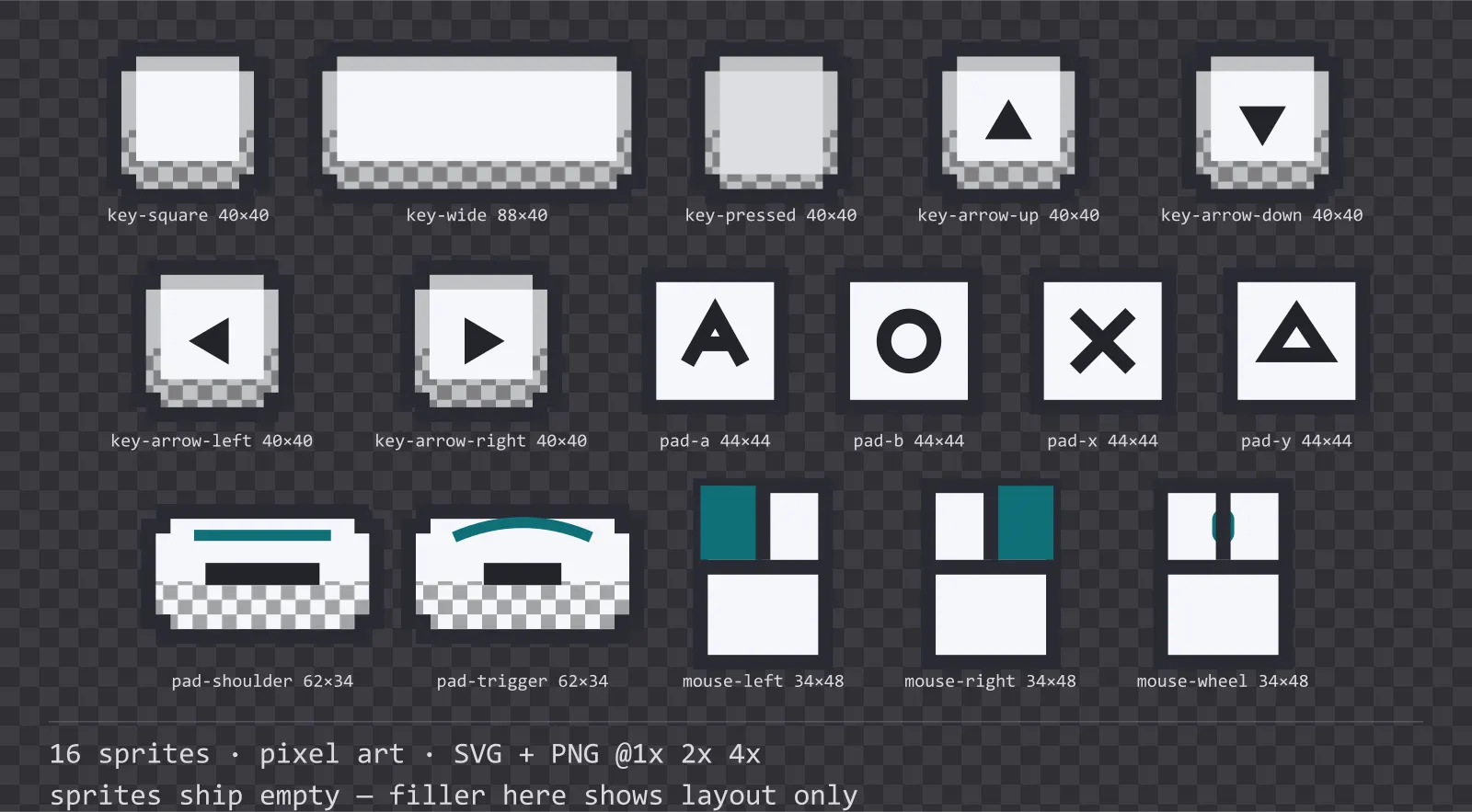 Sheet showing 16 pixel art input prompt sprites from the Byte family, arranged on a transparency checkerboard with their pixel sizes printed underneath