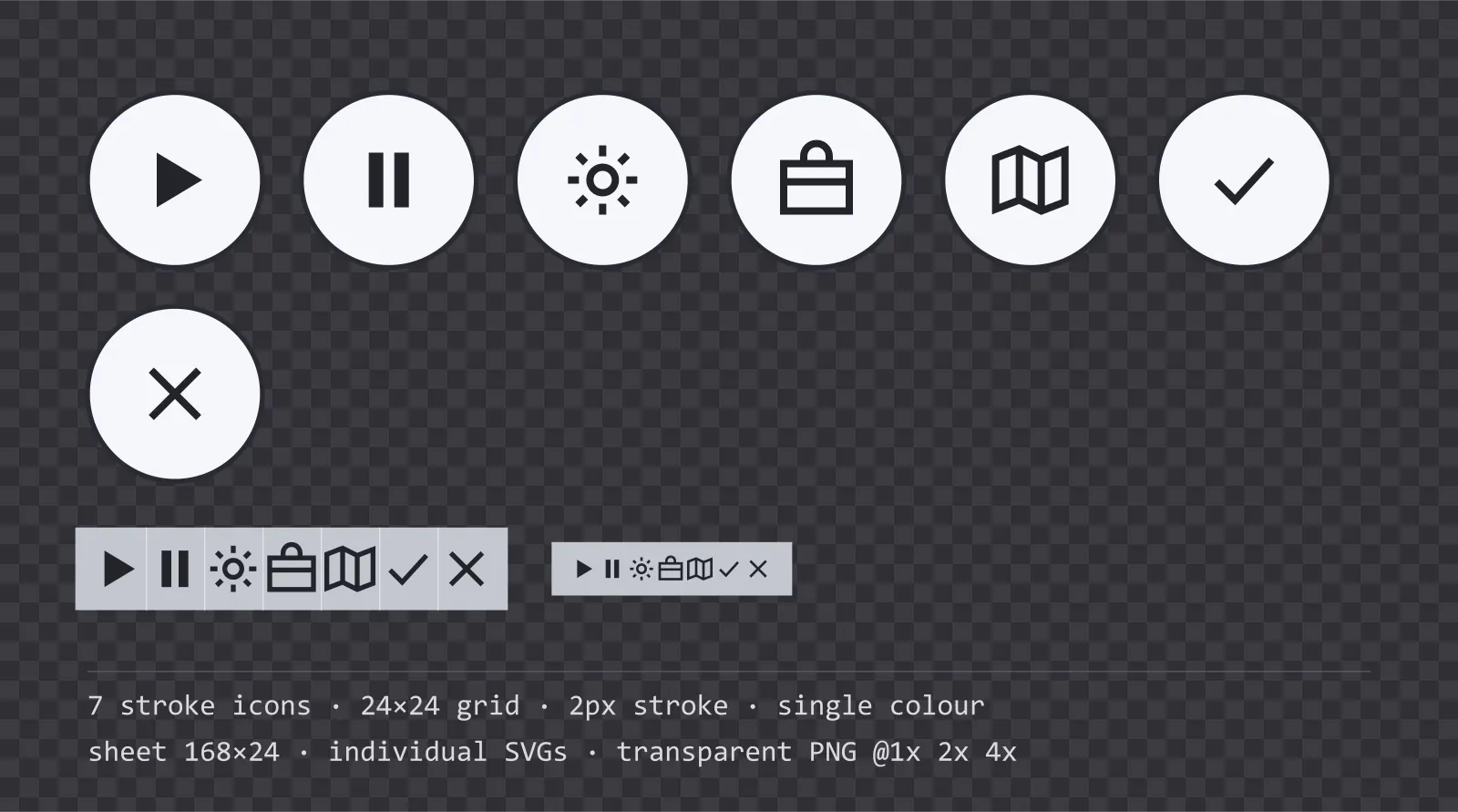 Seven outlined game menu icons on bright pixel tiles, shown large, laid out on a sheet grid, and again at actual 24 pixel size