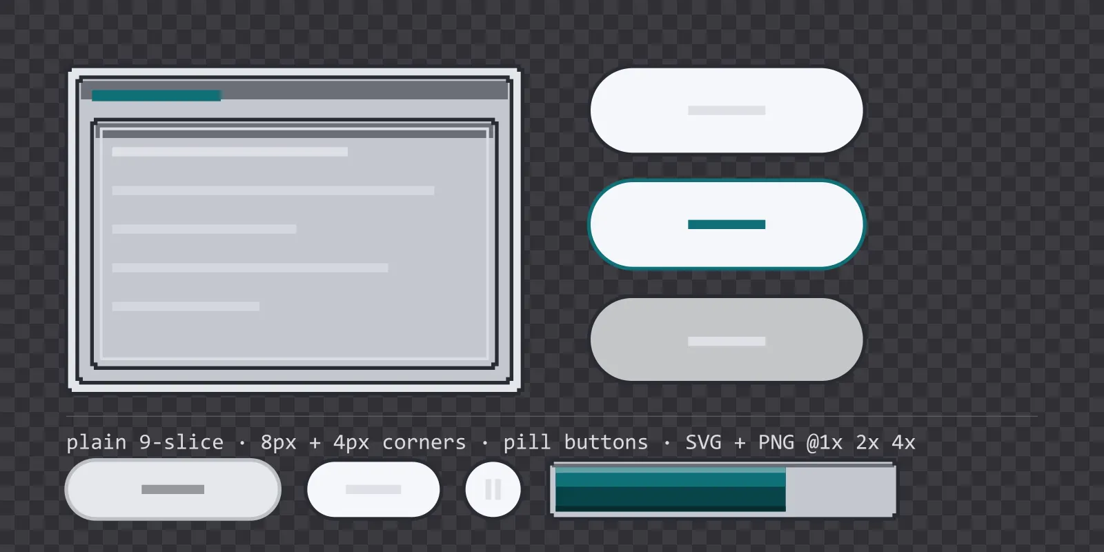 bright pixel game menu panel with a signal teal title strip and a recessed list area, next to a column showing the same pill button in default, outlined hover and pushed-in pressed states
