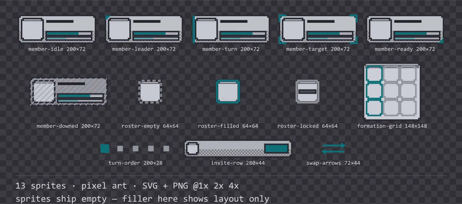 Blatt mit 13 Gruppen- und Aufstellungselemente (Pixel Art) aus der Familie Byte, angeordnet auf einem Transparenz-Schachbrett, mit den Pixelmaßen darunter