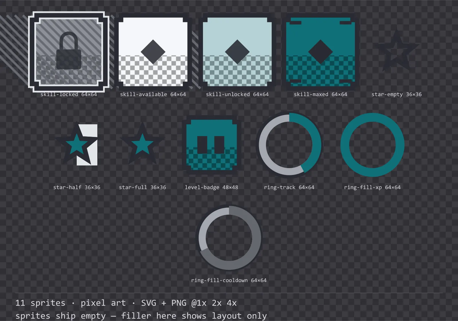 Sheet showing 11 pixel art progression and reward components from the Byte family, arranged on a transparency checkerboard with their pixel sizes printed underneath