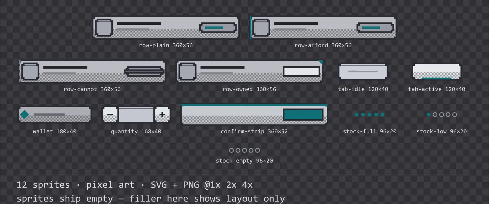 Sheet showing 12 pixel art shop and economy widgets from the Byte family, arranged on a transparency checkerboard with their pixel sizes printed underneath