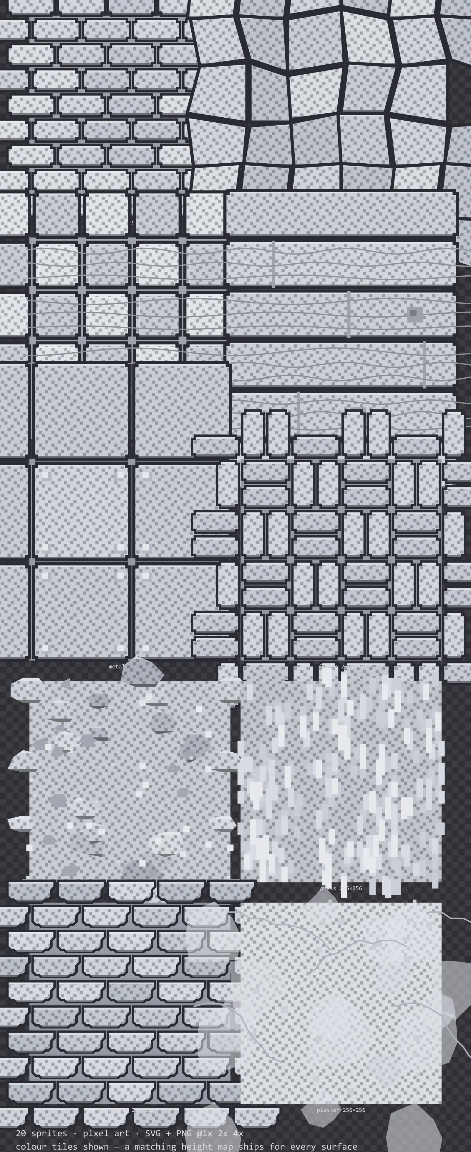 Sheet showing 20 pixel art tiling surface textures from the Byte family, arranged on a transparency checkerboard with their pixel sizes printed underneath