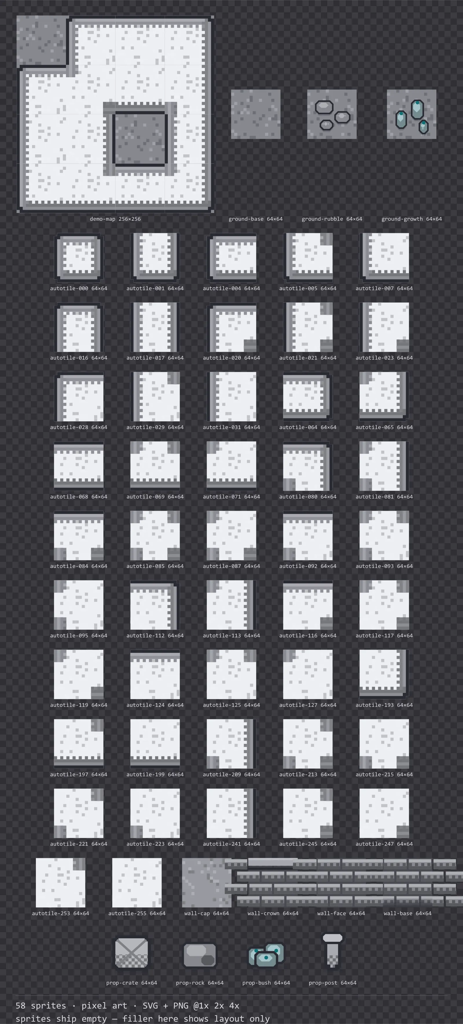 Sheet showing 58 pixel art tiles from the Byte family, arranged on a transparency checkerboard with their pixel sizes printed underneath