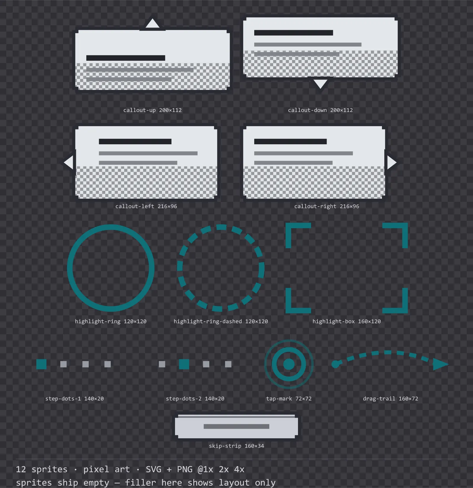 Sheet showing 12 pixel art tutorial and onboarding markers from the Byte family, arranged on a transparency checkerboard with their pixel sizes printed underneath