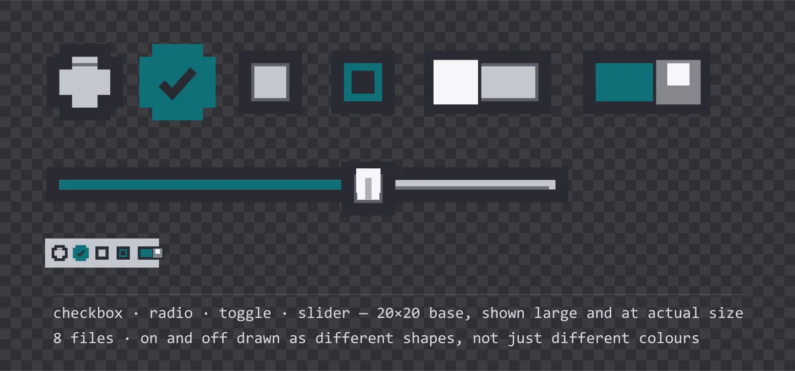 Game settings controls on a checkerboard background — an empty and a ticked checkbox, an unselected and a selected radio button, a toggle switch shown off and on, and a slider track with its knob