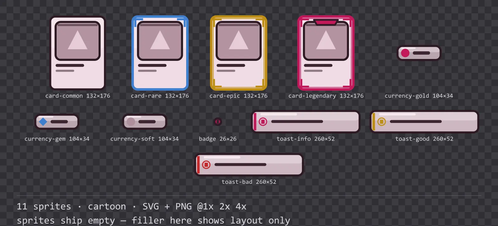 Sheet showing 11 cartoon card, currency and notification components from the Candy family, arranged on a transparency checkerboard with their pixel sizes printed underneath