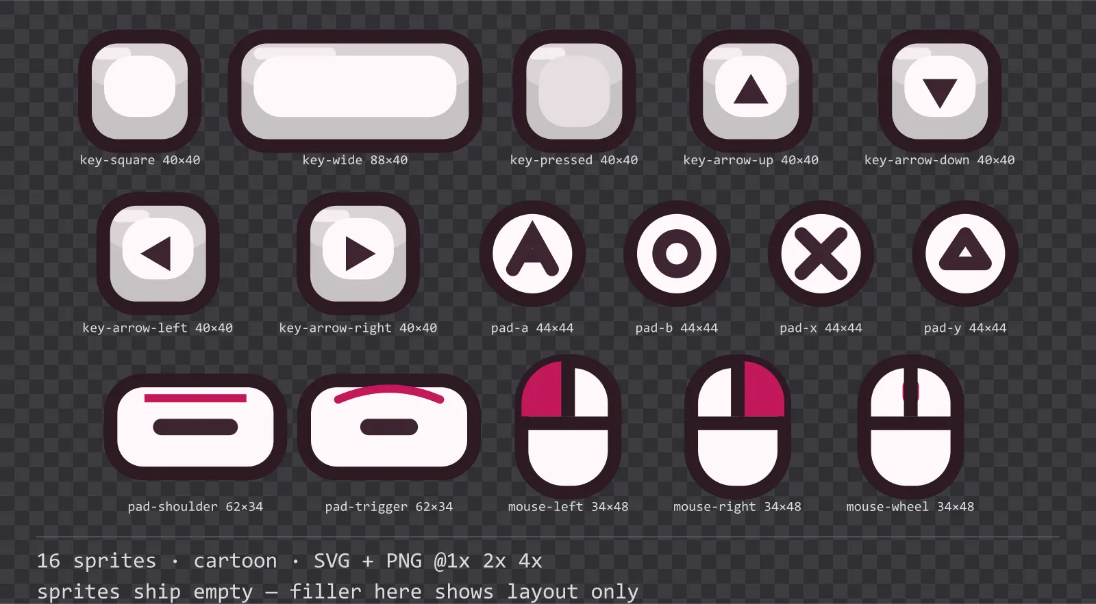 Sheet showing 16 cartoon input prompt sprites from the Candy family, arranged on a transparency checkerboard with their pixel sizes printed underneath