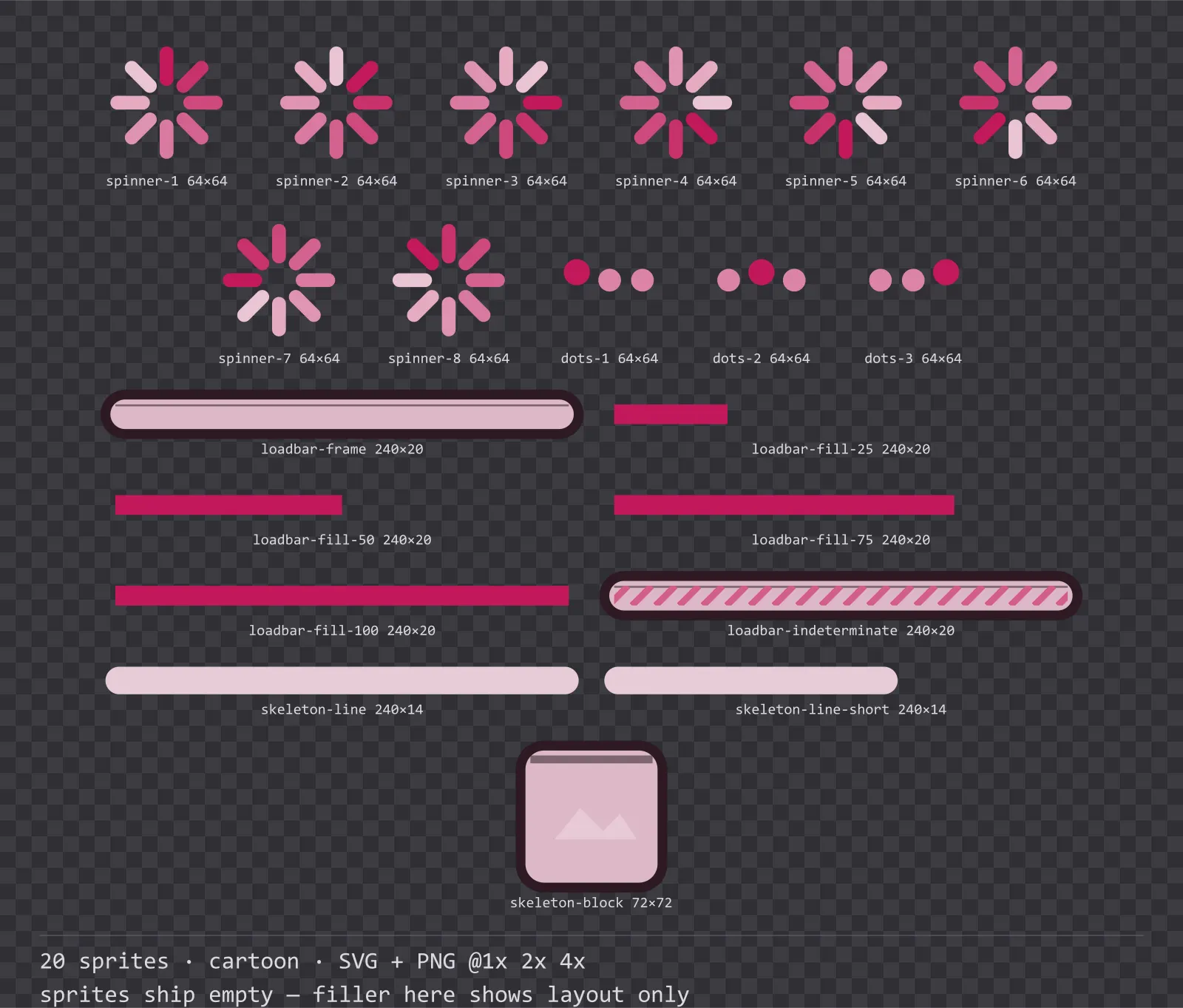 Sheet showing 20 cartoon loading and waiting indicators from the Candy family, arranged on a transparency checkerboard with their pixel sizes printed underneath