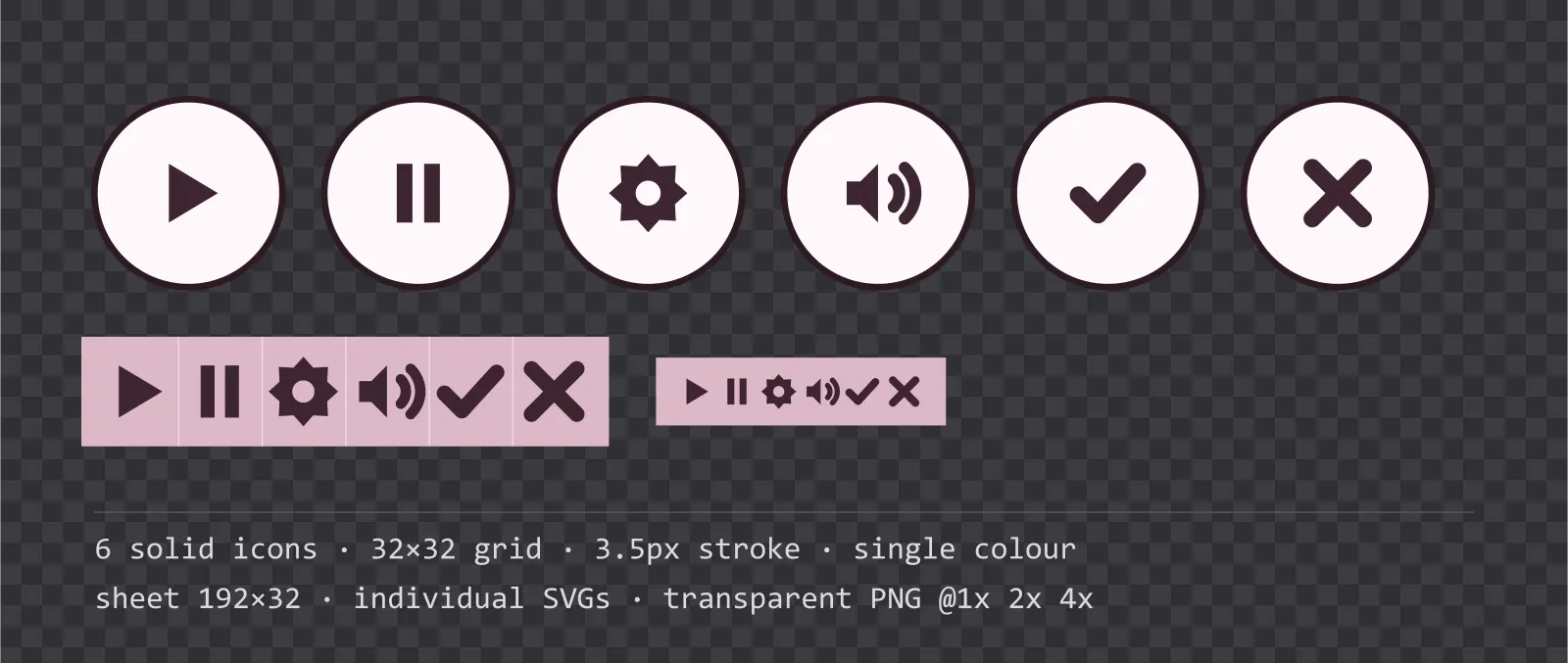 Six solid game menu icons on sugar bright tiles, shown large, laid out on a sheet grid, and again at actual 32 pixel size