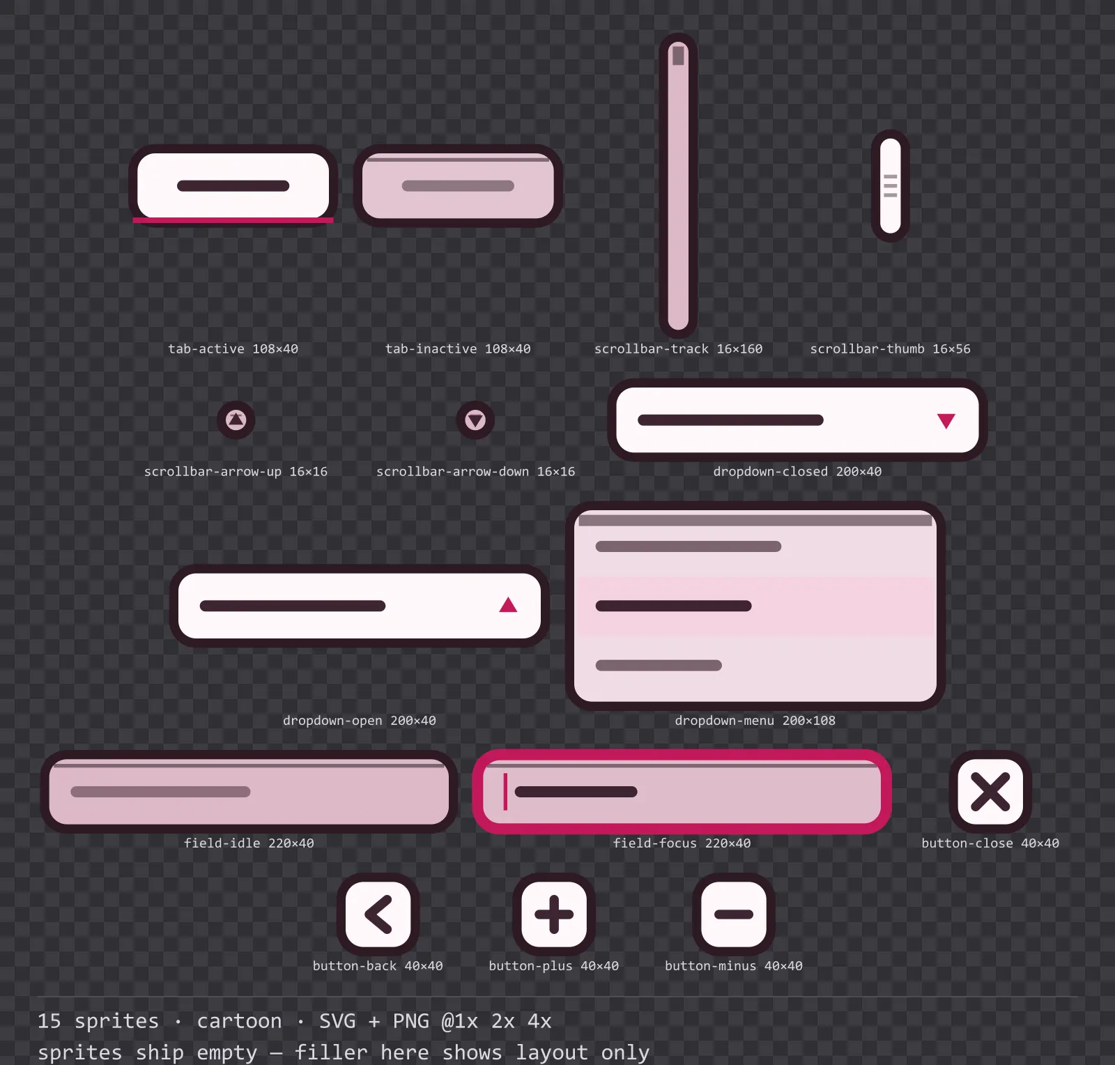 Sheet showing 15 cartoon navigation and input components from the Candy family, arranged on a transparency checkerboard with their pixel sizes printed underneath