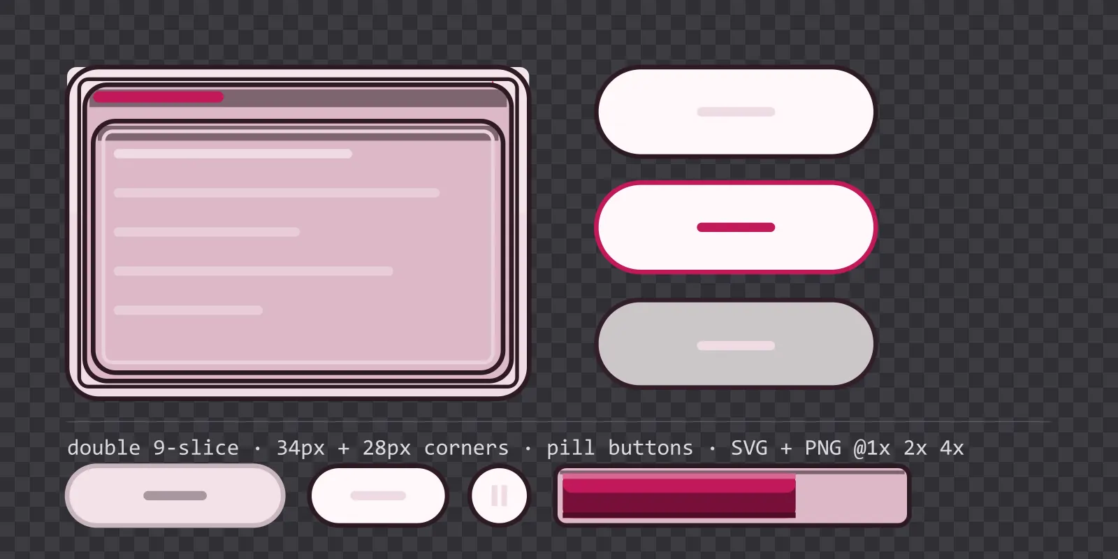 sugar bright game menu panel with a bubblegum pink title strip and a recessed list area, next to a column showing the same pill button in default, outlined hover and pushed-in pressed states