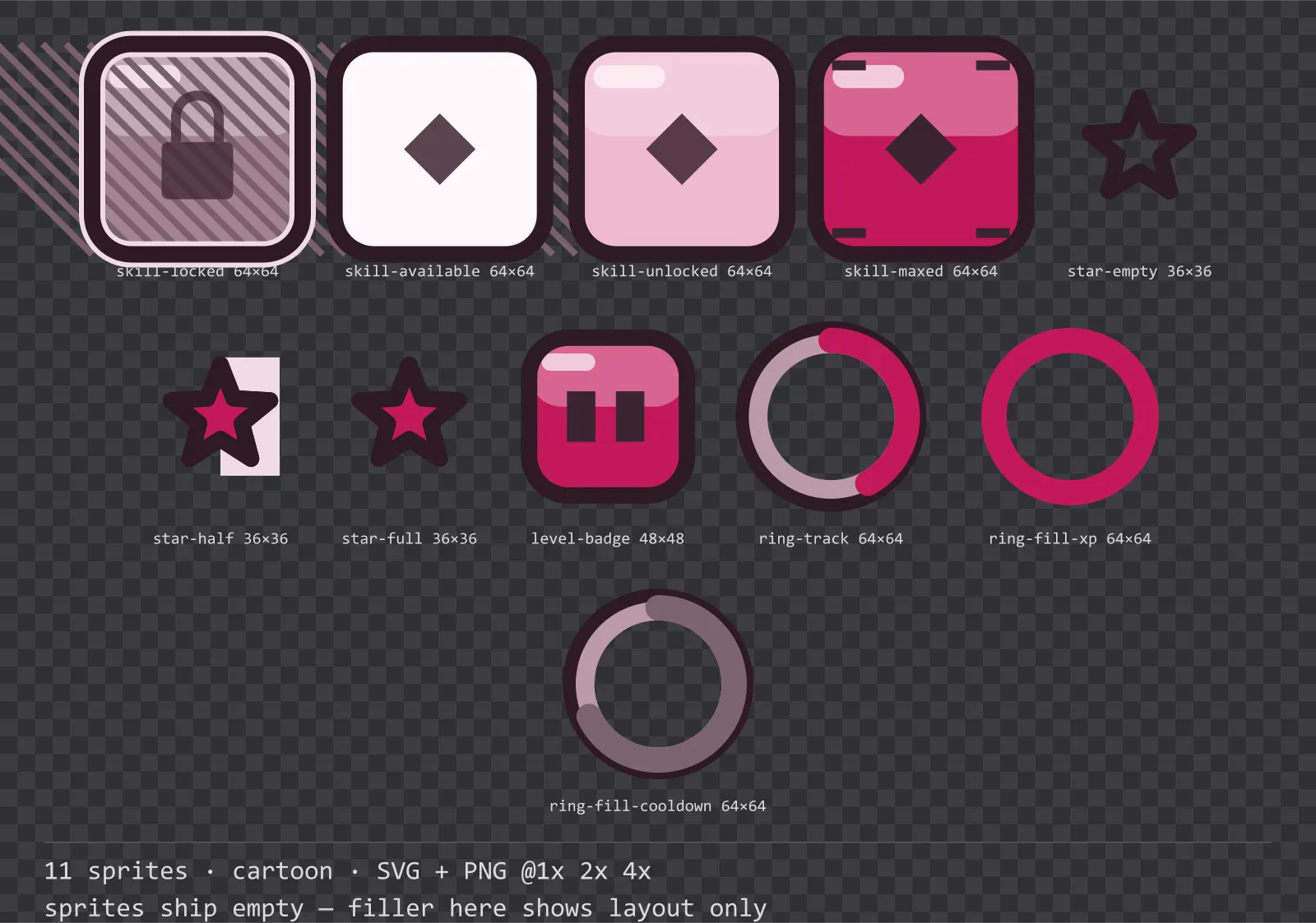 Sheet showing 11 cartoon progression and reward components from the Candy family, arranged on a transparency checkerboard with their pixel sizes printed underneath