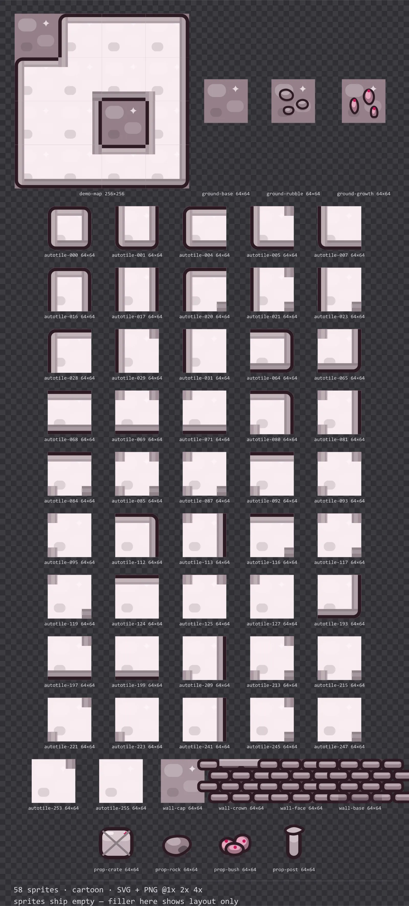 Sheet showing 58 cartoon tiles from the Candy family, arranged on a transparency checkerboard with their pixel sizes printed underneath