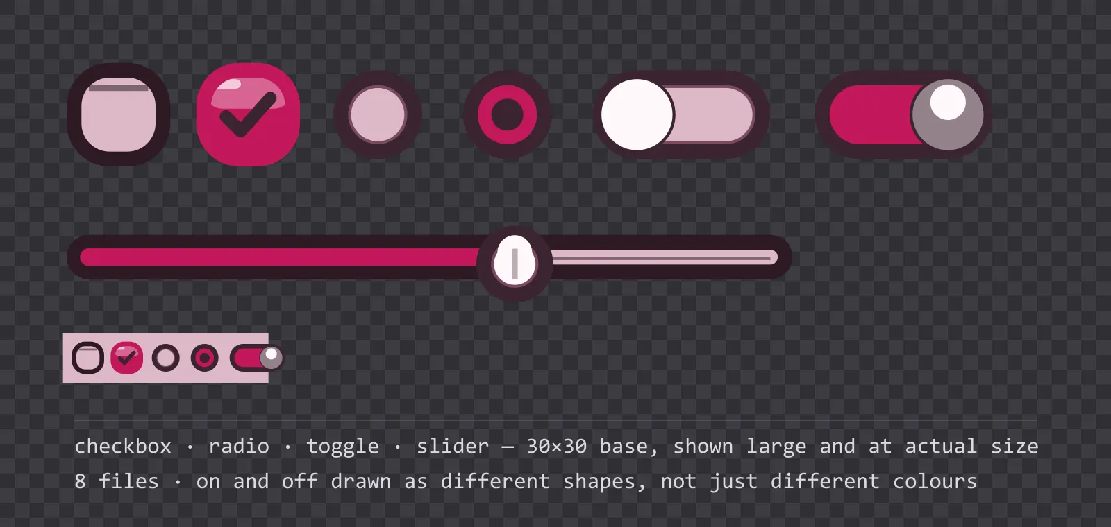 Game settings controls on a checkerboard background — an empty and a ticked checkbox, an unselected and a selected radio button, a toggle switch shown off and on, and a slider track with its knob