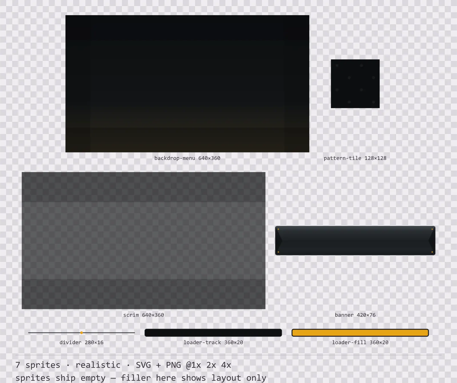 Sheet showing 7 realistic background and overlay pieces from the Carbon family, arranged on a transparency checkerboard with their pixel sizes printed underneath