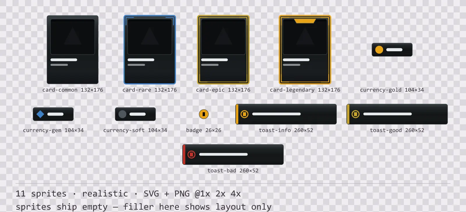 Sheet showing 11 realistic card, currency and notification components from the Carbon family, arranged on a transparency checkerboard with their pixel sizes printed underneath