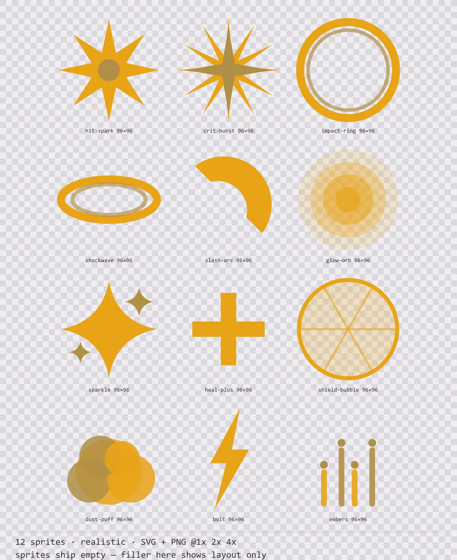 Sheet showing 12 realistic impact and effect sprites from the Carbon family, arranged on a transparency checkerboard with their pixel sizes printed underneath