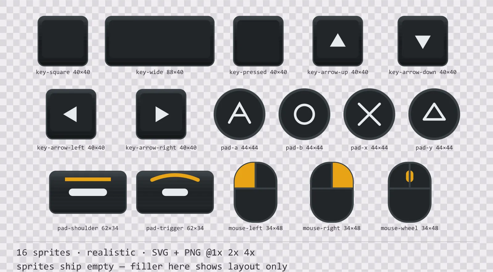 Sheet showing 16 realistic input prompt sprites from the Carbon family, arranged on a transparency checkerboard with their pixel sizes printed underneath
