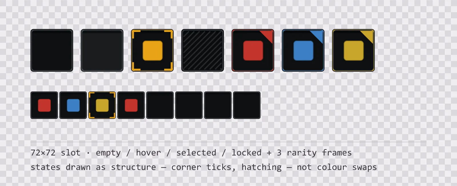 A row of square game inventory slots on a checkerboard background showing empty, hover, selected with corner ticks, and diagonally hatched locked states, followed by coloured rarity frames and a tiled eight-slot grid