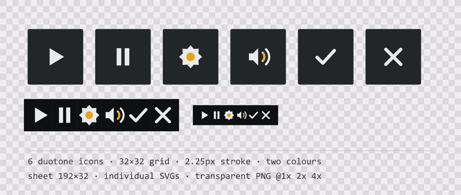 Six two-tone game menu icons on carbon fibre tiles, shown large, laid out on a sheet grid, and again at actual 32 pixel size