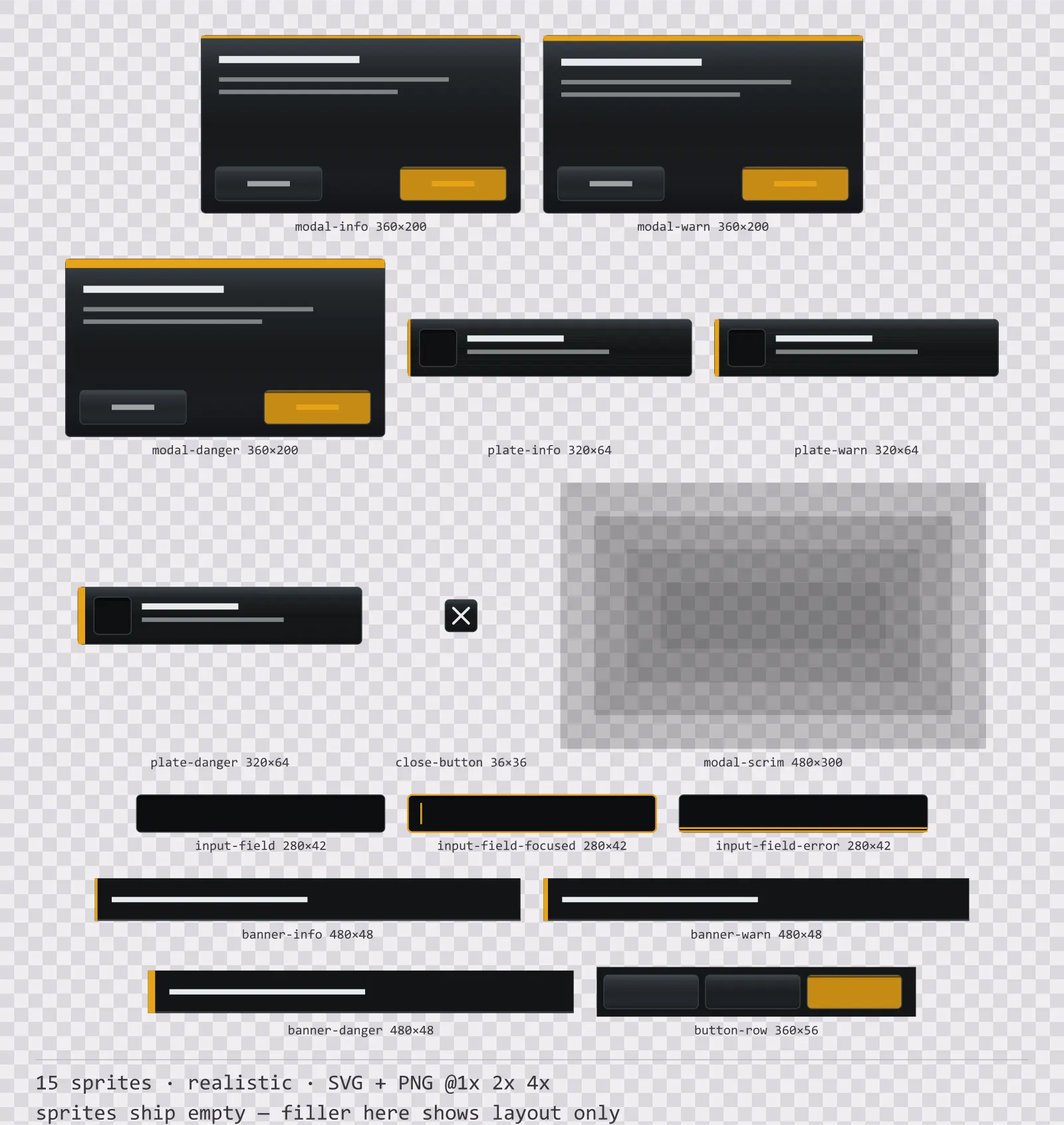 Sheet showing 15 realistic modal dialogs and system notices from the Carbon family, arranged on a transparency checkerboard with their pixel sizes printed underneath