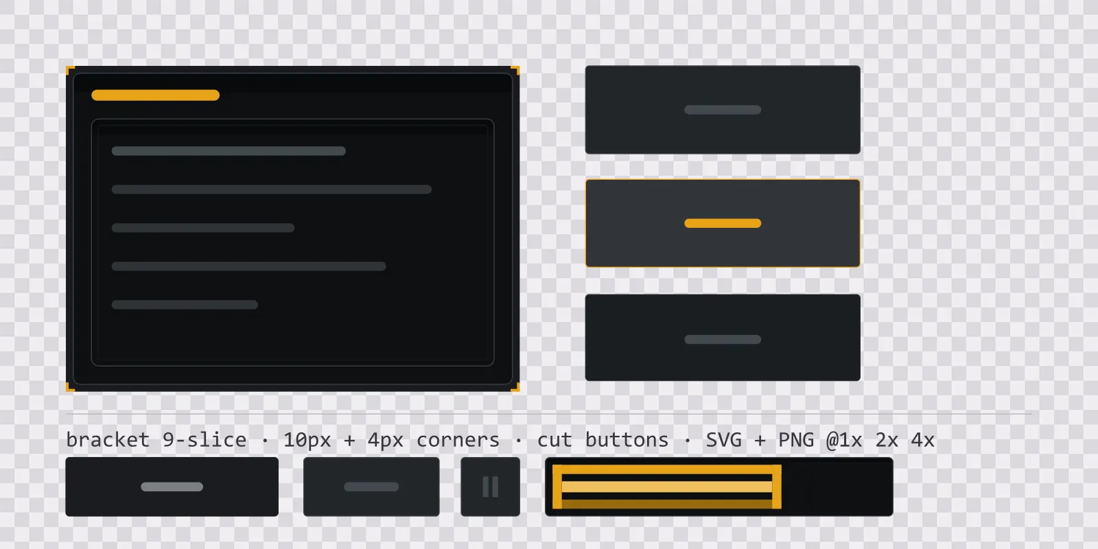 carbon fibre game menu panel with a warning amber title strip and a recessed list area, next to a column showing the same chamfered button in default, outlined hover and pushed-in pressed states