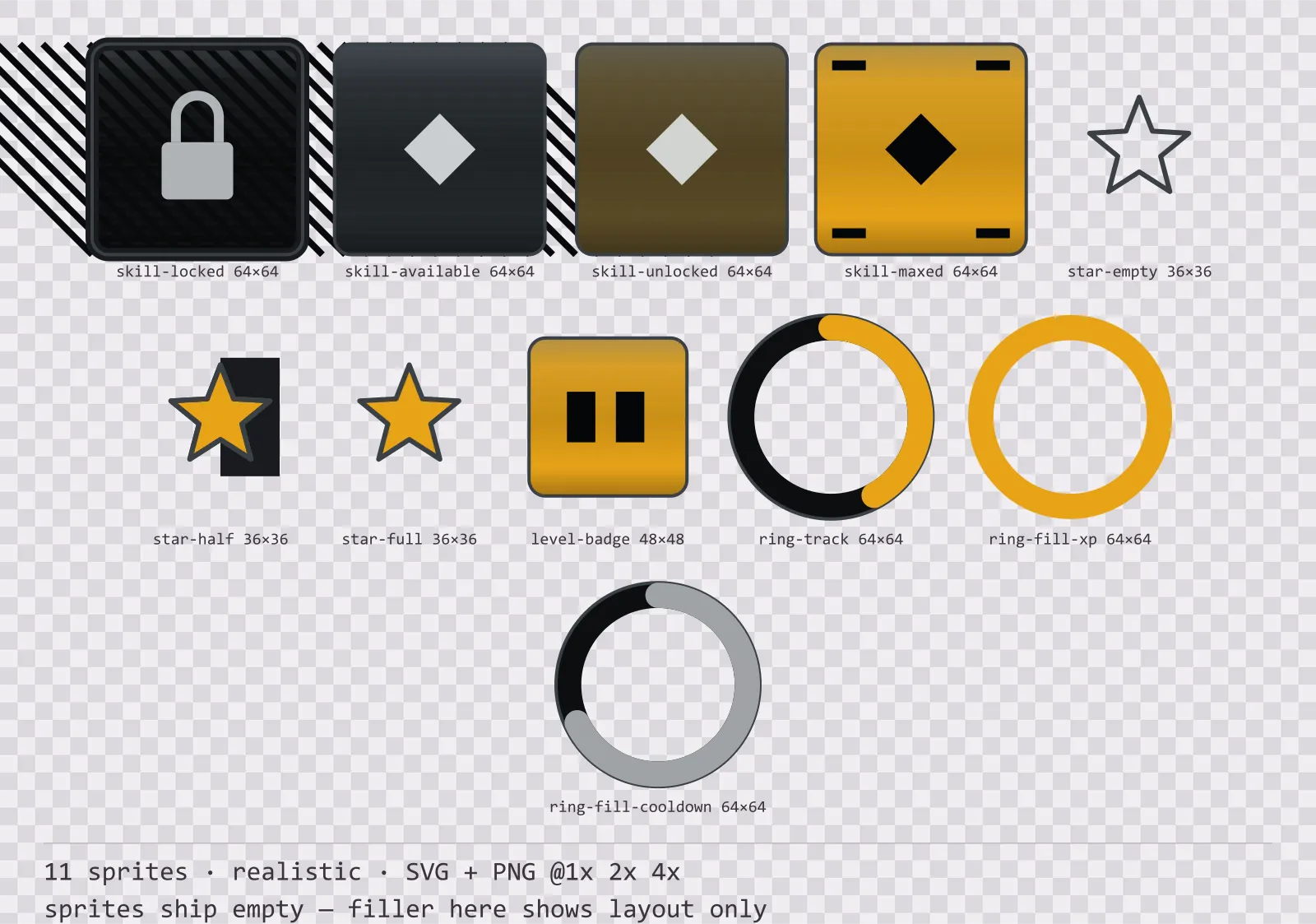 Sheet showing 11 realistic progression and reward components from the Carbon family, arranged on a transparency checkerboard with their pixel sizes printed underneath