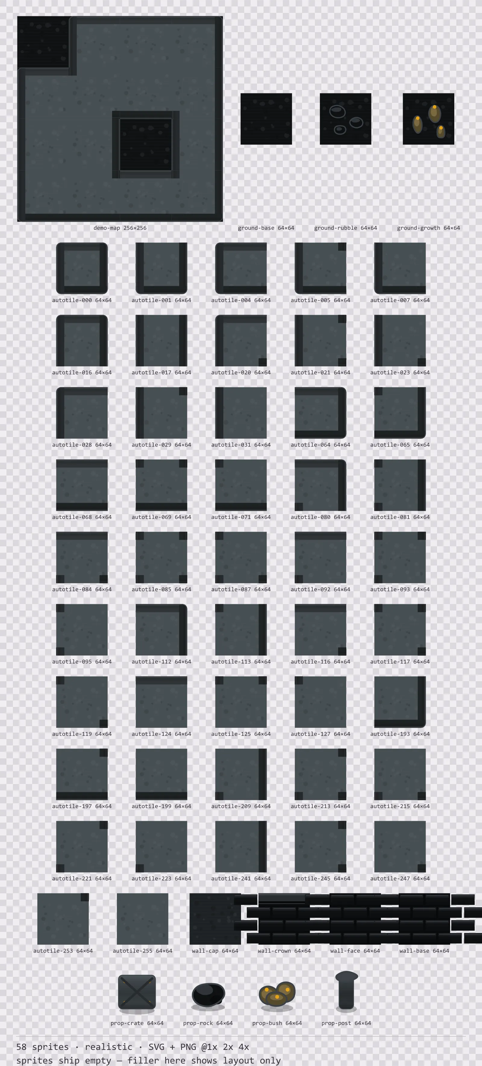 Sheet showing 58 realistic tiles from the Carbon family, arranged on a transparency checkerboard with their pixel sizes printed underneath