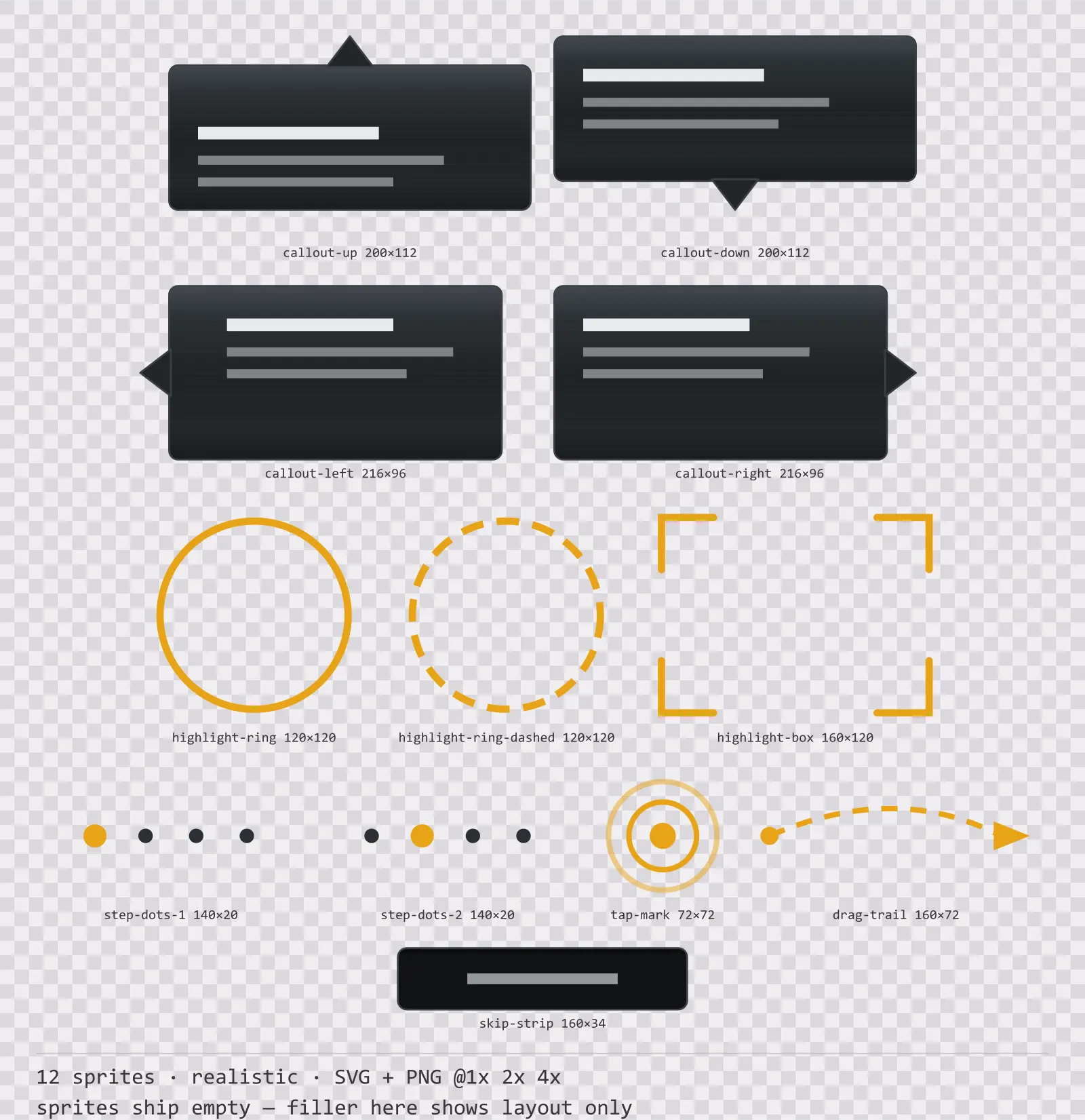 Sheet showing 12 realistic tutorial and onboarding markers from the Carbon family, arranged on a transparency checkerboard with their pixel sizes printed underneath