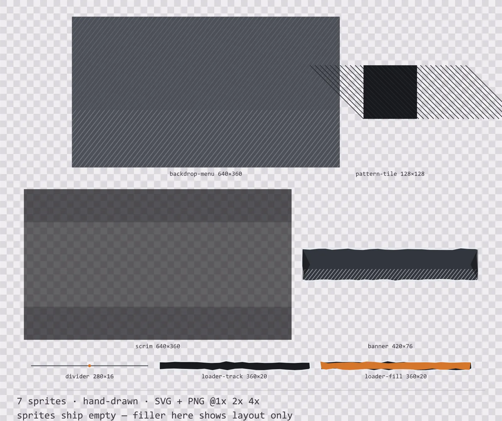 Sheet showing 7 hand-drawn background and overlay pieces from the Charcoal family, arranged on a transparency checkerboard with their pixel sizes printed underneath