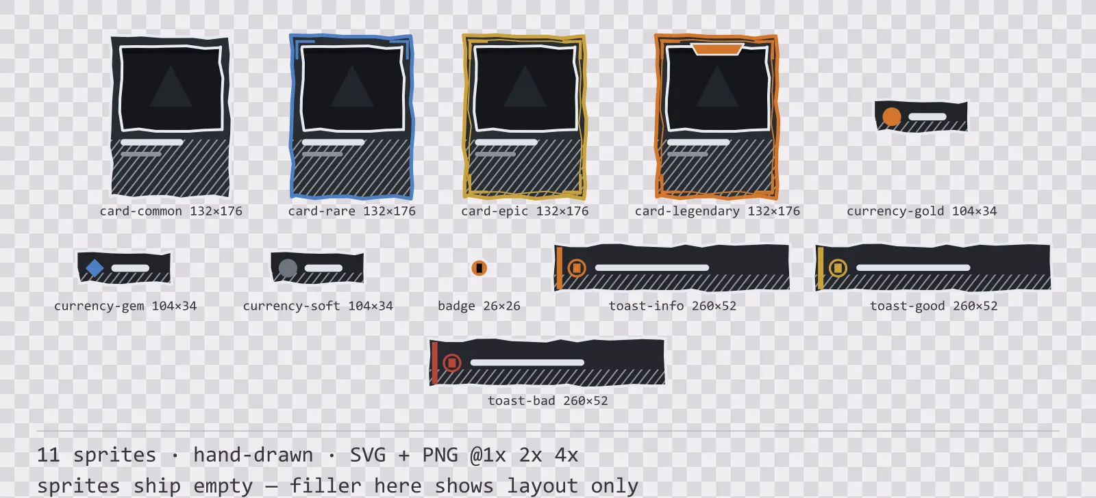 Sheet showing 11 hand-drawn card, currency and notification components from the Charcoal family, arranged on a transparency checkerboard with their pixel sizes printed underneath