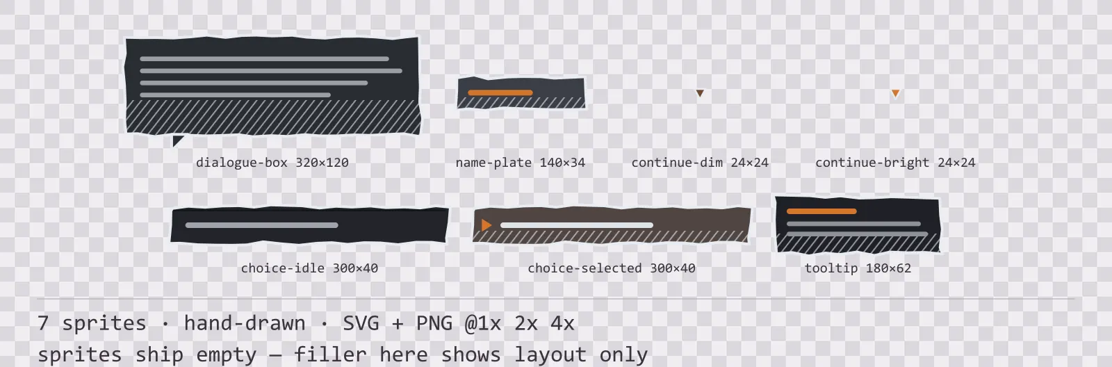 Sheet showing 7 hand-drawn dialogue components from the Charcoal family, arranged on a transparency checkerboard with their pixel sizes printed underneath