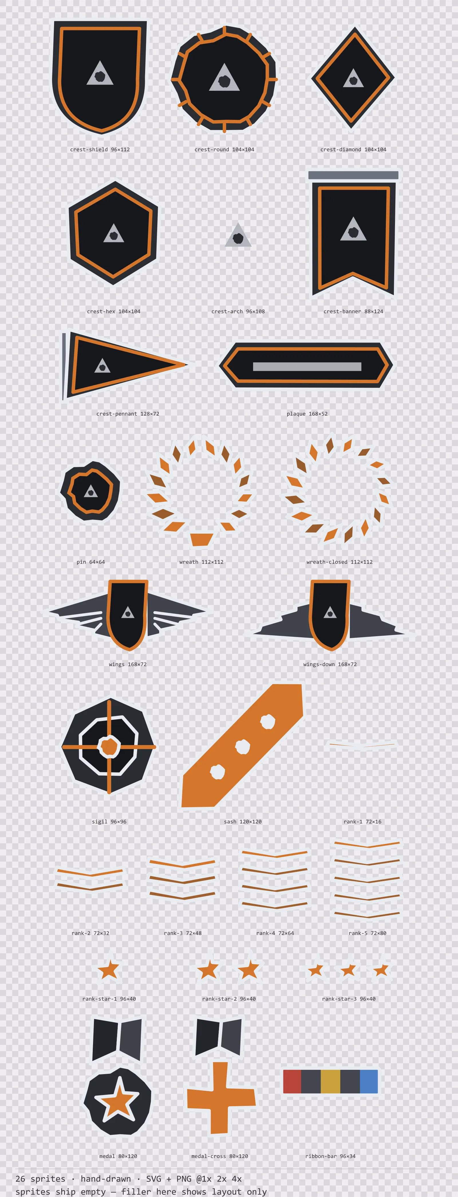 Sheet showing 26 hand-drawn crests, insignia and rank marks from the Charcoal family, arranged on a transparency checkerboard with their pixel sizes printed underneath
